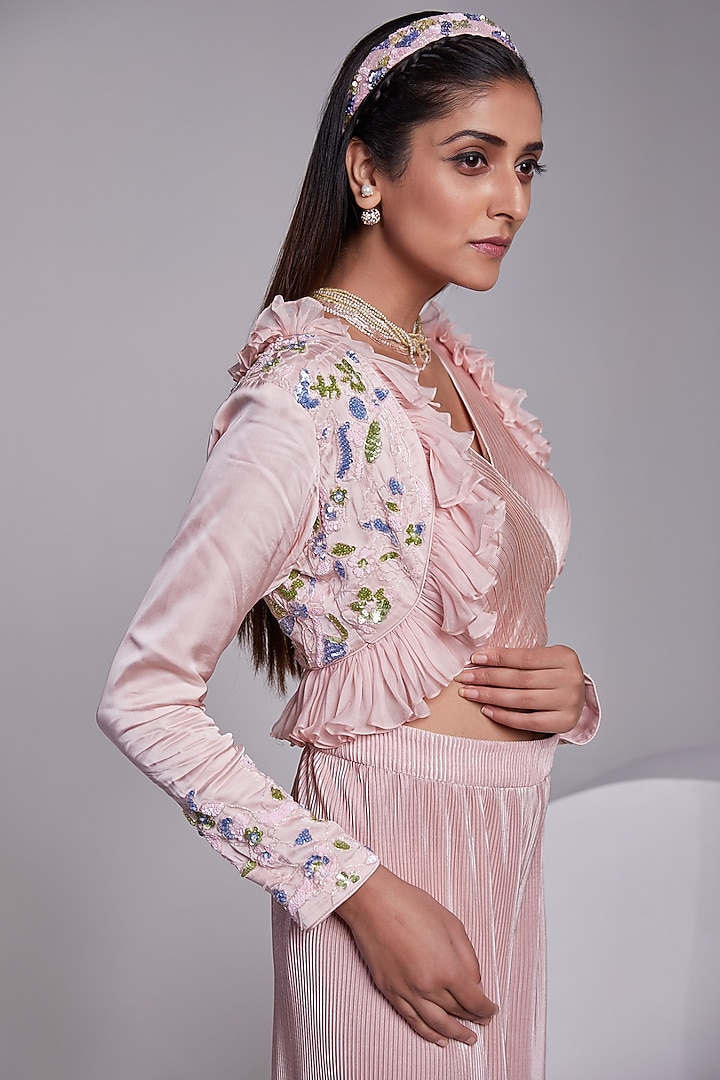 Light Pink Ruffled Jacket Set by Rajkumari and Suresh at Pernia's Pop Up Shop