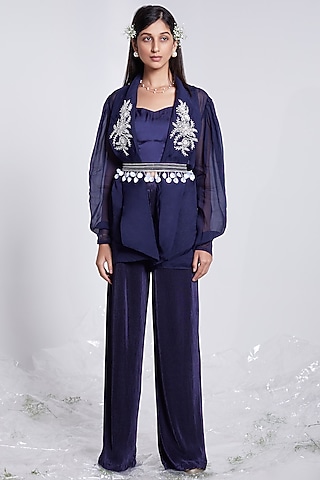 Navy Blue Embroidered Jacket Set by Rajkumari and Suresh