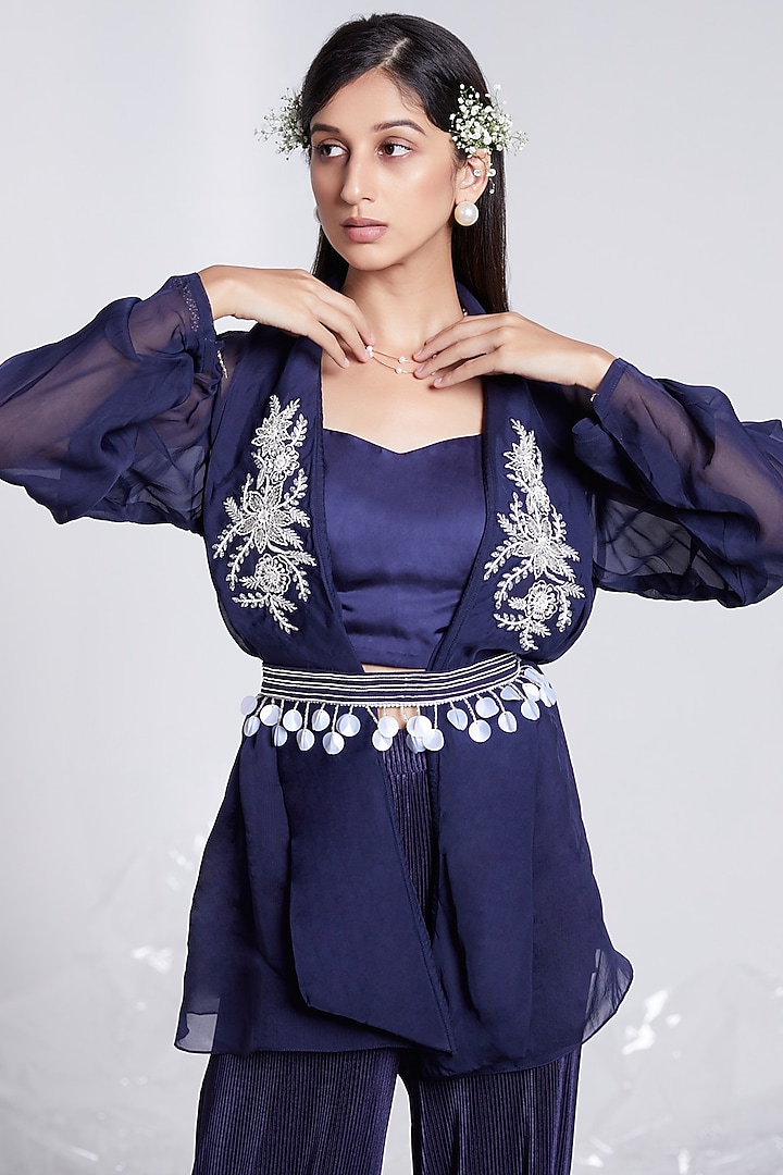 Navy Blue Embroidered Jacket Set by Rajkumari and Suresh at Pernia's Pop Up Shop