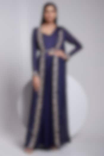 Navy Blue Embroidered Jacket Saree Set by Rajkumari and Suresh