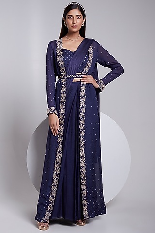 Navy Blue Crush Satin Silk Embroidered Jacket Saree Set by Rajkumari and Suresh
