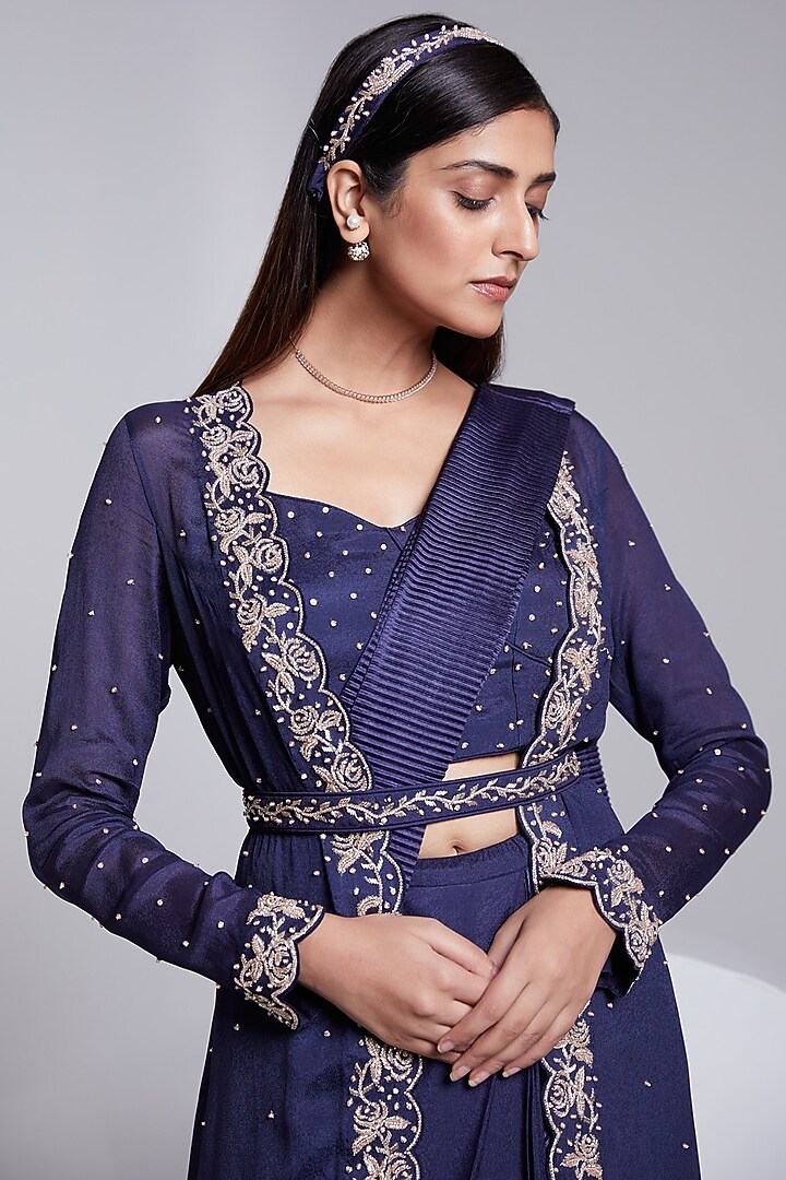Navy Blue Crush Satin Silk Embroidered Jacket Wedding Saree Set by Rajkumari and Suresh at Pernia's Pop Up Shop