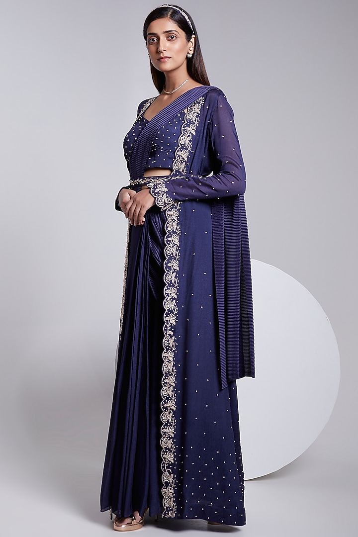 Navy Blue Crush Satin Silk Embroidered Jacket Wedding Saree Set by Rajkumari and Suresh at Pernia's Pop Up Shop