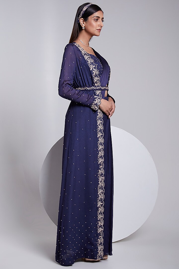 Navy Blue Crush Satin Silk Embroidered Jacket Wedding Saree Set by Rajkumari and Suresh at Pernia's Pop Up Shop