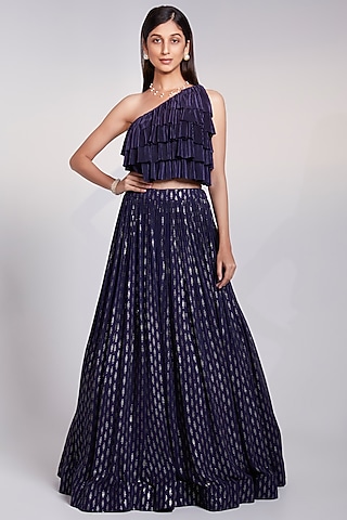 Navy Blue Pleated Skirt Set by Rajkumari and Suresh