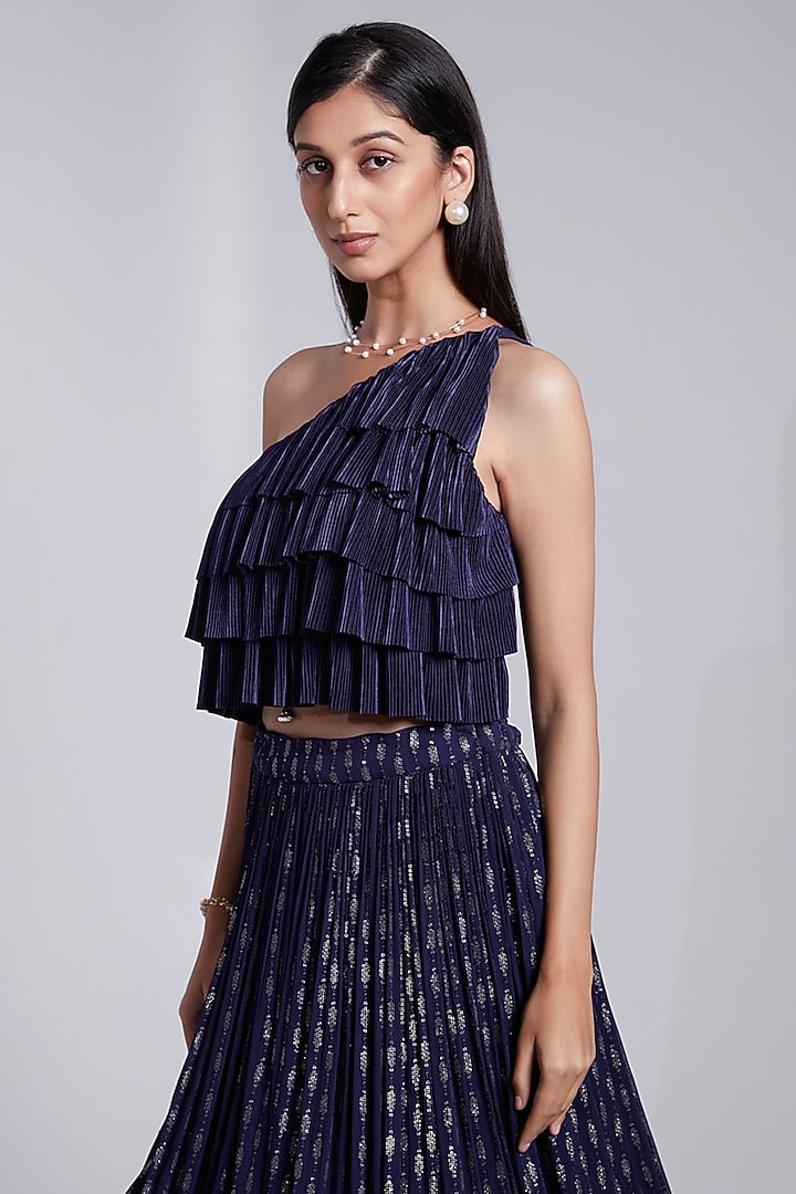 Navy Blue Pleated Skirt Set by Rajkumari and Suresh at Pernia's Pop Up Shop