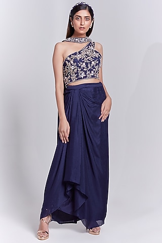 Navy Blue Draped Skirt Set by Rajkumari and Suresh