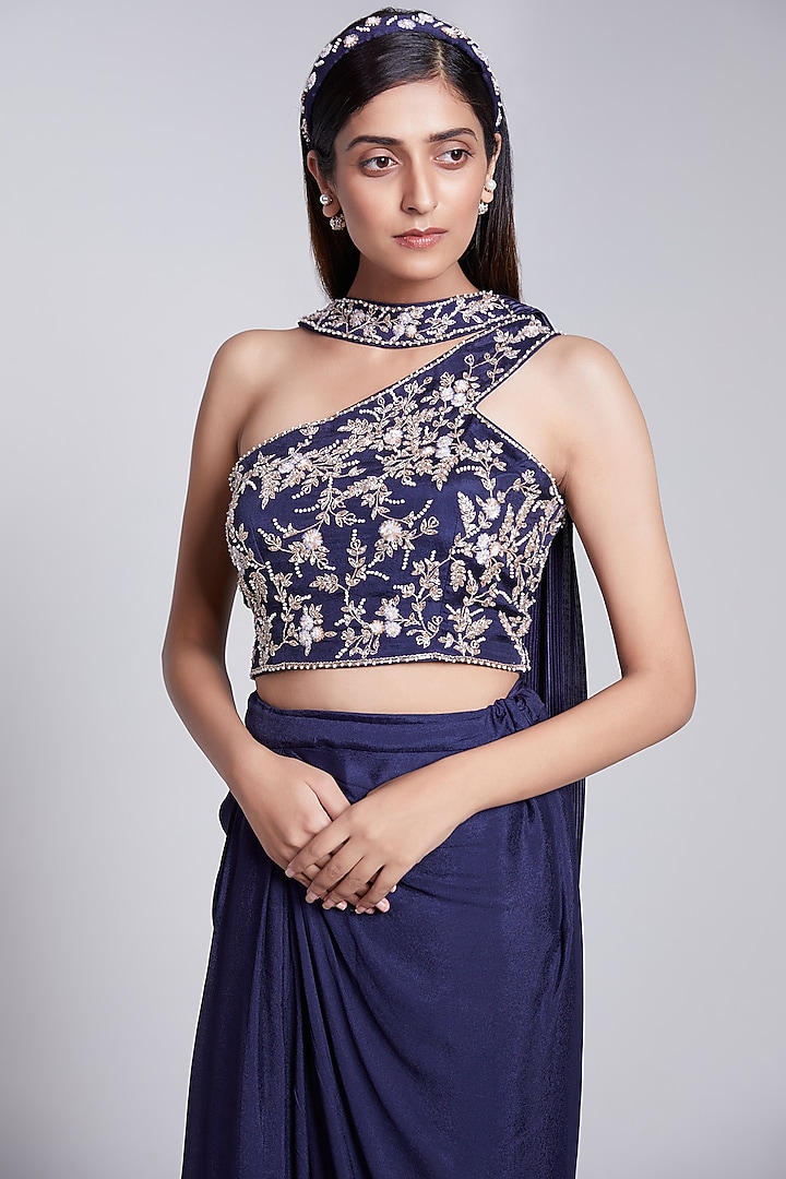 Navy Blue Draped Skirt Set by Rajkumari and Suresh at Pernia's Pop Up Shop