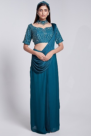 Teal Green Crepe Pre-Stitched Saree Set by Rajkumari and Suresh