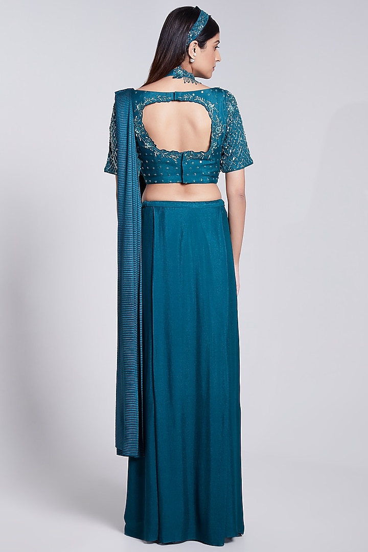 Teal Green Crepe Pre-Stitched Wedding Saree Set by Rajkumari and Suresh at Pernia's Pop Up Shop