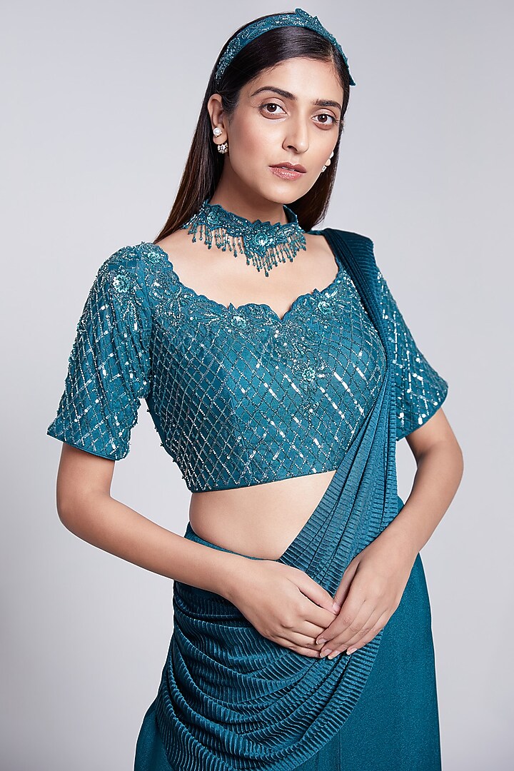 Teal Green Crepe Pre-Stitched Wedding Saree Set by Rajkumari and Suresh at Pernia's Pop Up Shop