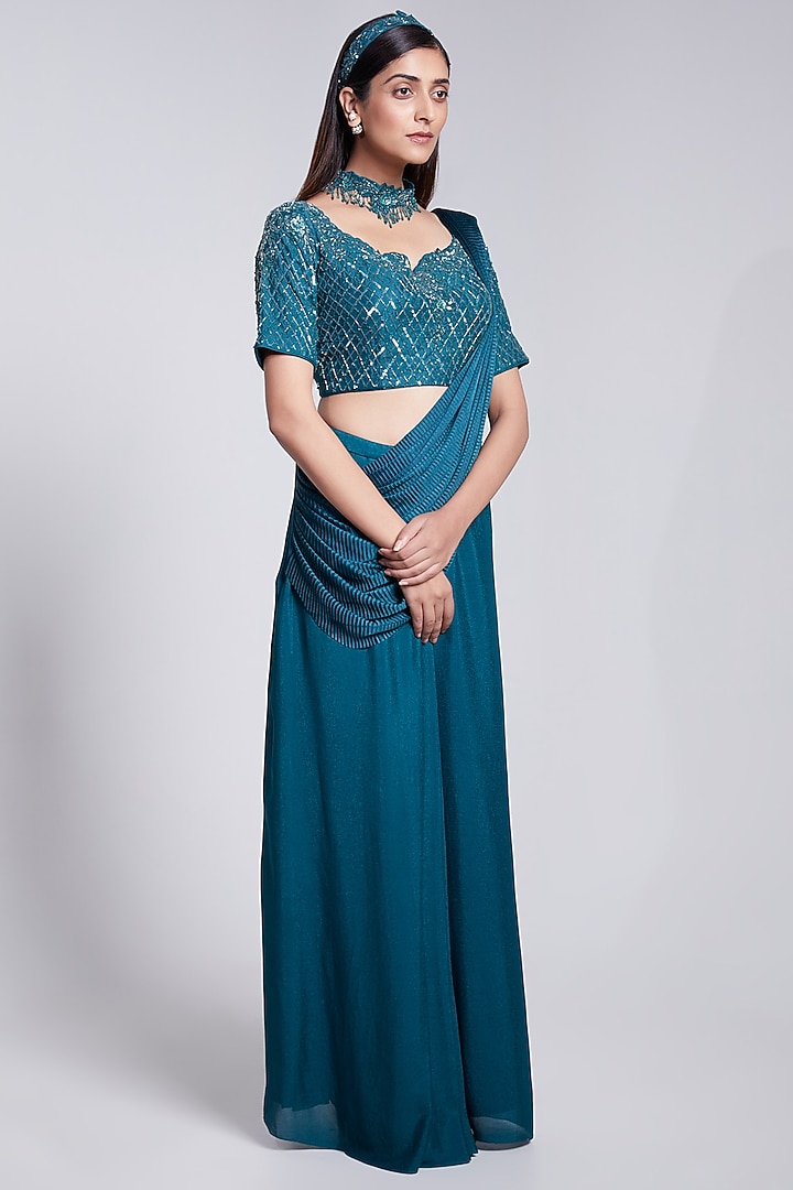 Teal Green Crepe Pre-Stitched Wedding Saree Set by Rajkumari and Suresh at Pernia's Pop Up Shop
