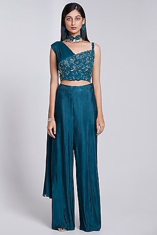 Teal Green Crepe & Crush Satin Silk Pant Set by Rajkumari and Suresh