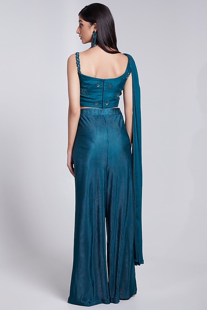 Teal Green Crepe & Crush Satin Silk Pant Set by Rajkumari and Suresh at Pernia's Pop Up Shop