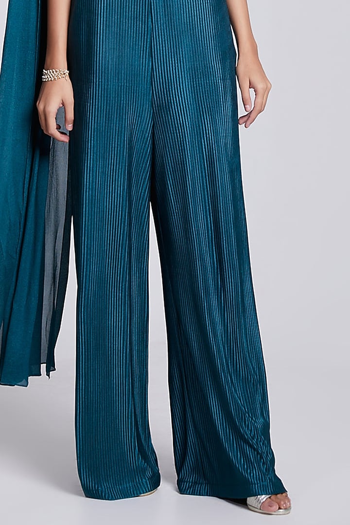 Teal Green Crepe & Crush Satin Silk Pant Set by Rajkumari and Suresh at Pernia's Pop Up Shop