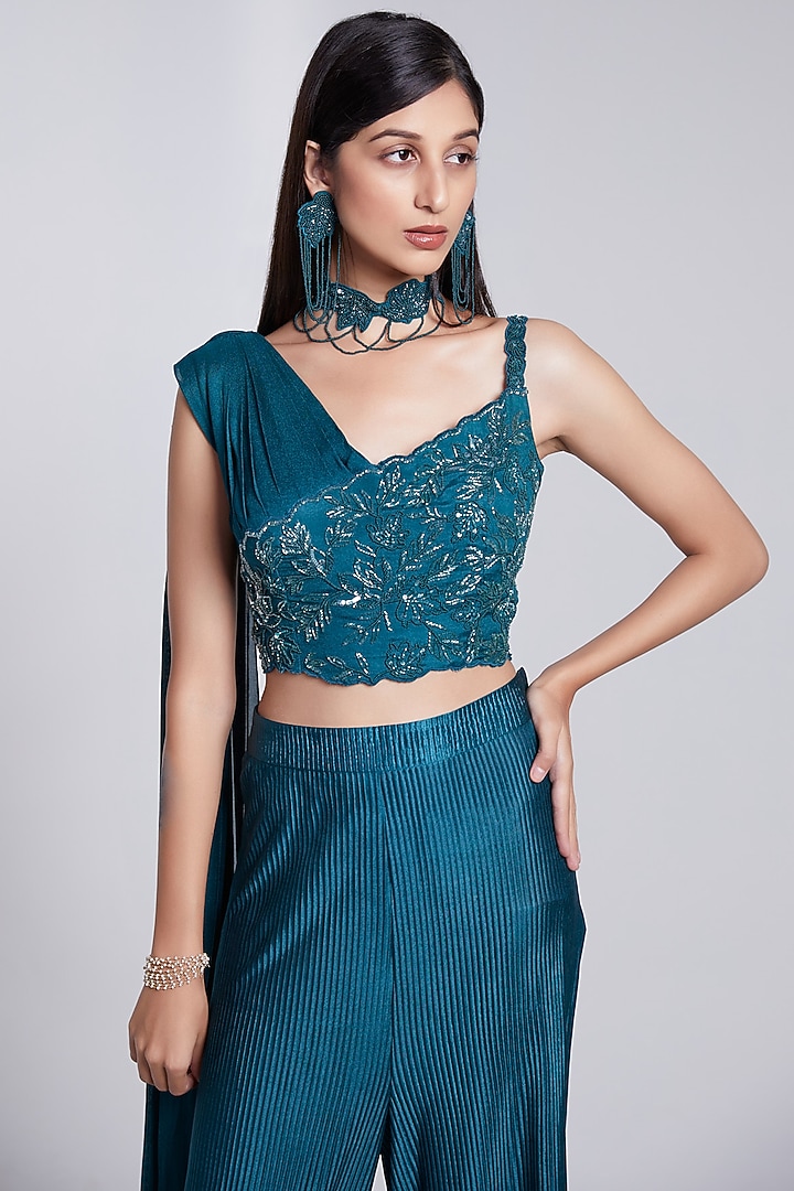 Teal Green Crepe & Crush Satin Silk Pant Set by Rajkumari and Suresh at Pernia's Pop Up Shop