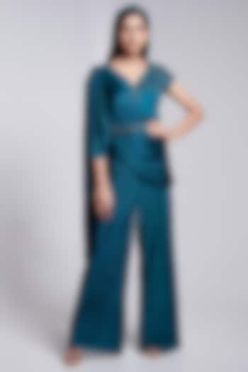 Teal Green Crepe & Crush Satin Silk Pant Set by Rajkumari and Suresh at Pernia's Pop Up Shop