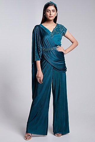 Teal Green Crepe & Crush Satin Silk Pant Set by Rajkumari and Suresh