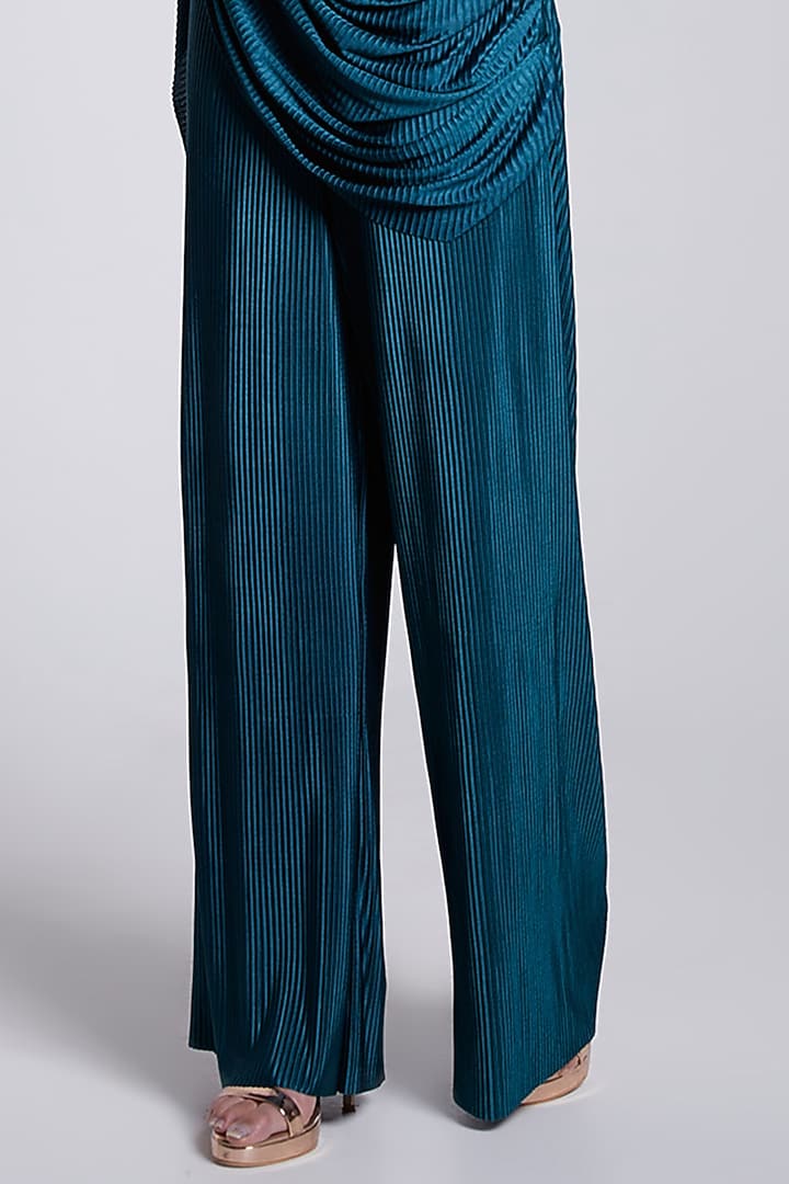 Teal Green Crepe & Crush Satin Silk Pant Set by Rajkumari and Suresh at Pernia's Pop Up Shop