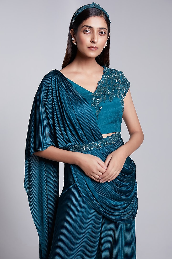 Teal Green Crepe & Crush Satin Silk Pant Set by Rajkumari and Suresh at Pernia's Pop Up Shop