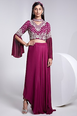 Wine Draped Skirt Set by Rajkumari and Suresh