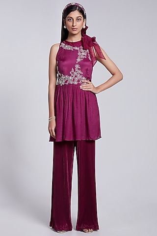 Wine Crepe & Crush Satin Silk Pant Set by Rajkumari and Suresh