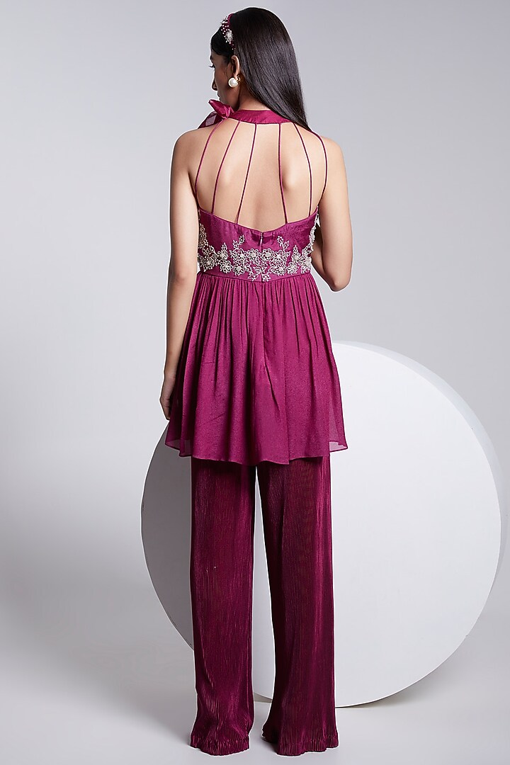 Wine Crepe & Crush Satin Silk Pant Set by Rajkumari and Suresh at Pernia's Pop Up Shop