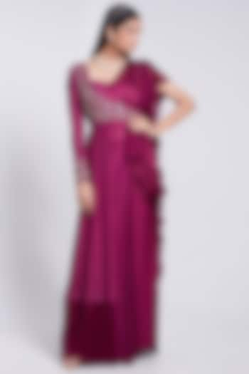 Wine Pre-Pleated Saree Set by Rajkumari and Suresh