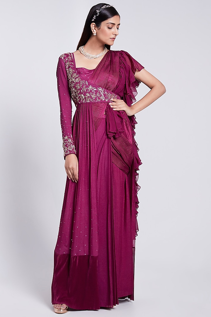 Wine Pre-Pleated Saree Set by Rajkumari and Suresh