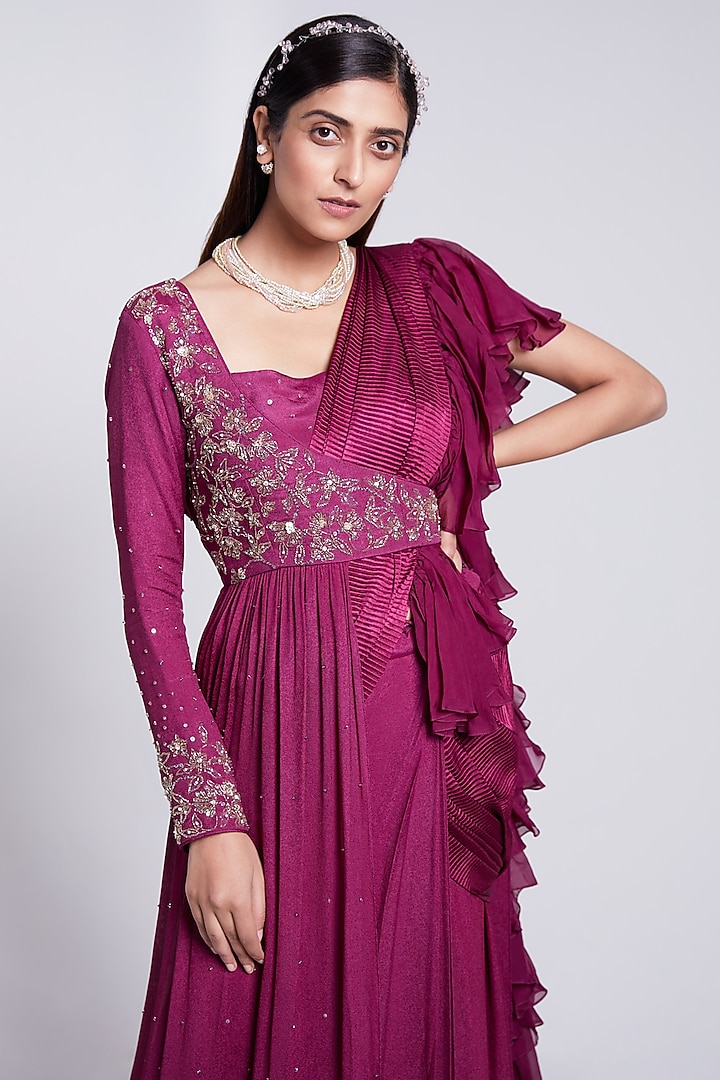 Wine Pre-Pleated Wedding Saree Set by Rajkumari and Suresh at Pernia's Pop Up Shop
