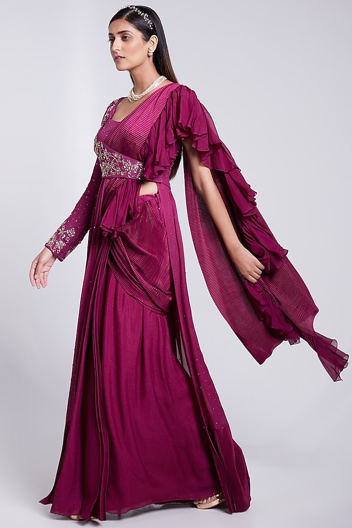 Wine Pre-Pleated Wedding Saree Set by Rajkumari and Suresh at Pernia's Pop Up Shop