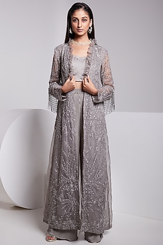 Grey Embroidered Jacket Set by Rajkumari and Suresh