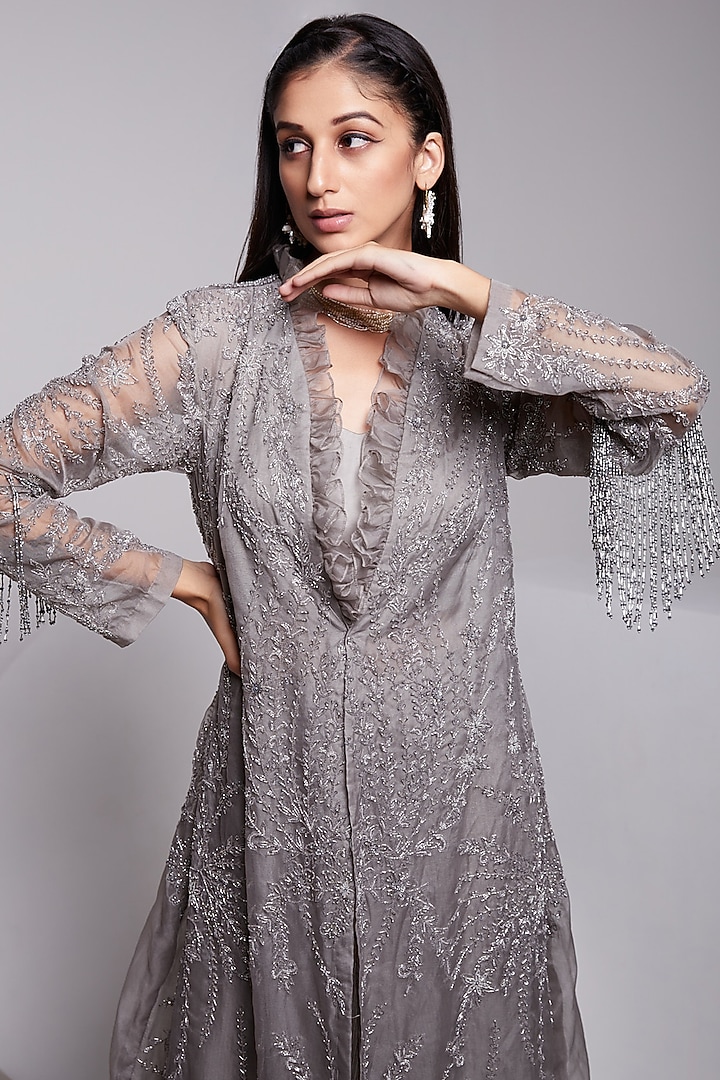 Grey Embroidered Jacket Set by Rajkumari and Suresh at Pernia's Pop Up Shop