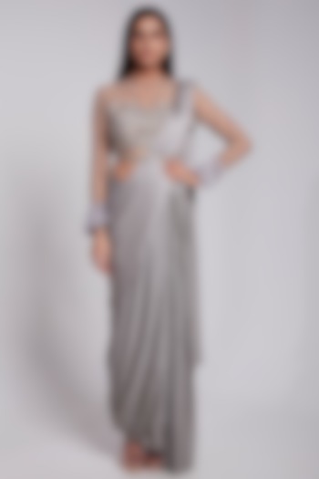 Grey Pre-Draped Skirt Saree Set by Rajkumari And Suresh