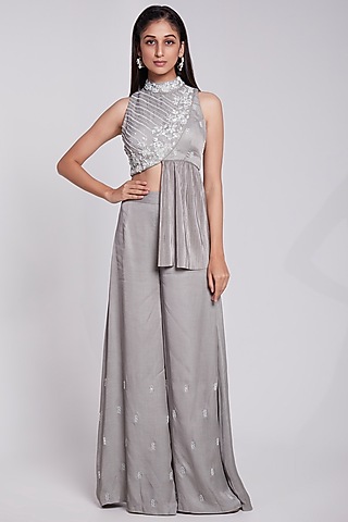 Grey Crepe & Crush Satin Silk Pant Set by Rajkumari and Suresh