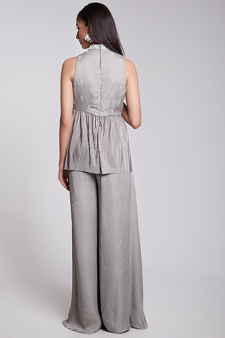 Grey Crepe & Crush Satin Silk Pant Set by Rajkumari and Suresh at Pernia's Pop Up Shop