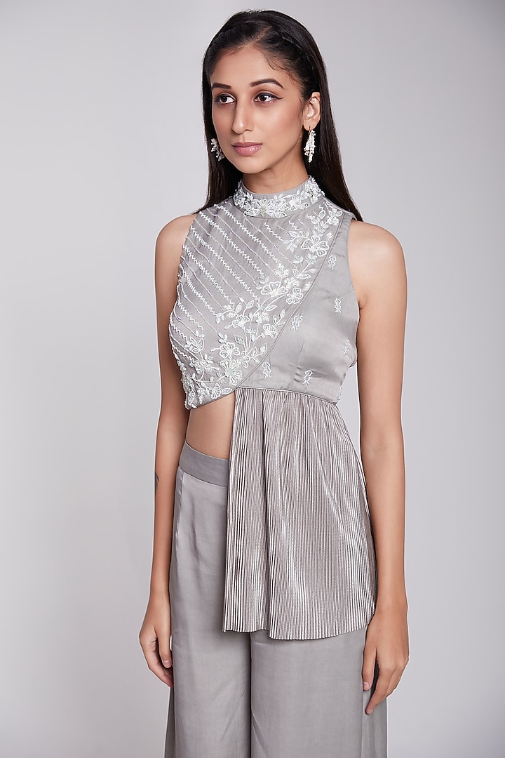 Grey Crepe & Crush Satin Silk Pant Set by Rajkumari and Suresh at Pernia's Pop Up Shop