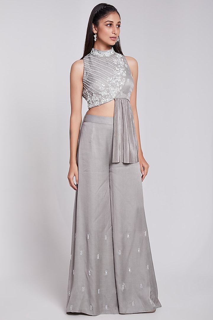 Grey Crepe & Crush Satin Silk Pant Set by Rajkumari and Suresh at Pernia's Pop Up Shop