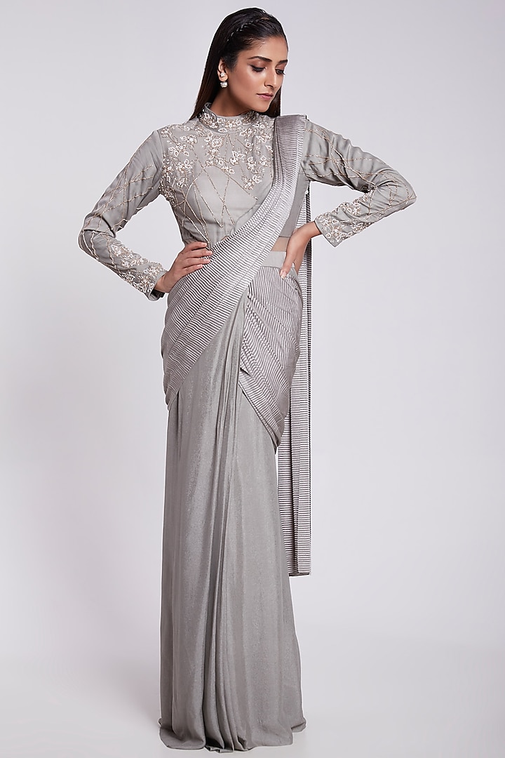 Grey Hand Embroidered Gown Saree by Rajkumari and Suresh