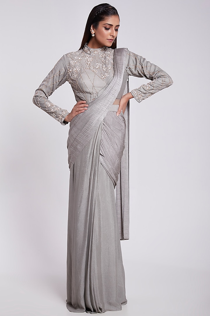 Grey Hand Embroidered Gown Saree by Rajkumari and Suresh at Pernia's Pop Up Shop