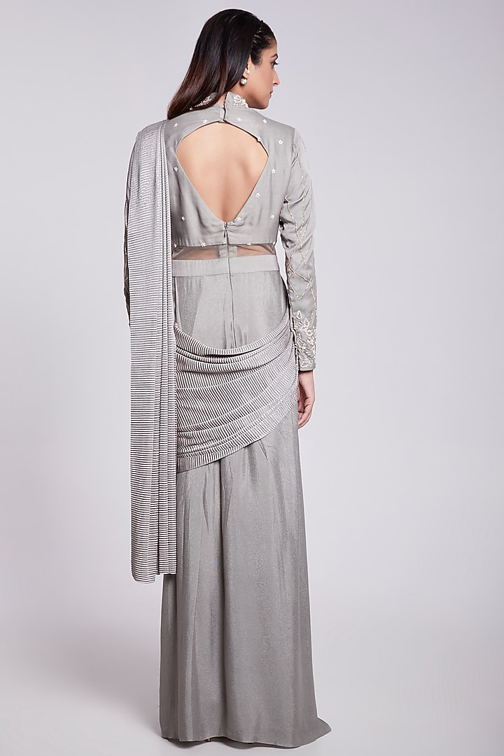 Grey Hand Embroidered Wedding Gown Saree by Rajkumari and Suresh at Pernia's Pop Up Shop