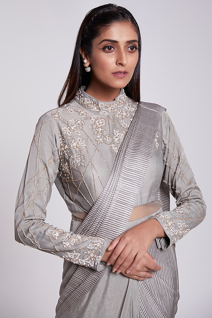 Grey Hand Embroidered Wedding Gown Saree by Rajkumari and Suresh at Pernia's Pop Up Shop