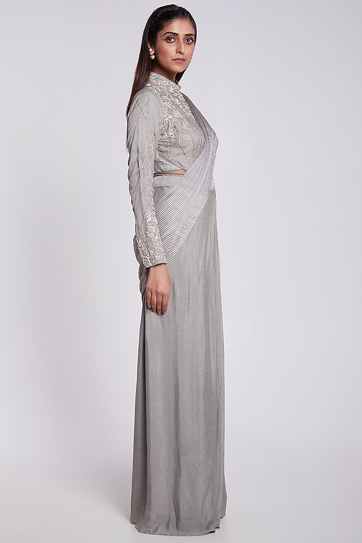 Grey Hand Embroidered Wedding Gown Saree by Rajkumari and Suresh at Pernia's Pop Up Shop