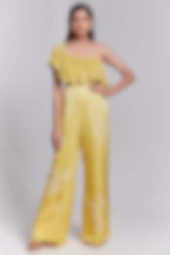 Yellow Hand Embroidered One-Shoulder Jumpsuit by Rajkumari and Suresh