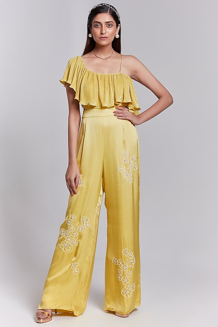Yellow Hand Embroidered One-Shoulder Jumpsuit by Rajkumari And Suresh