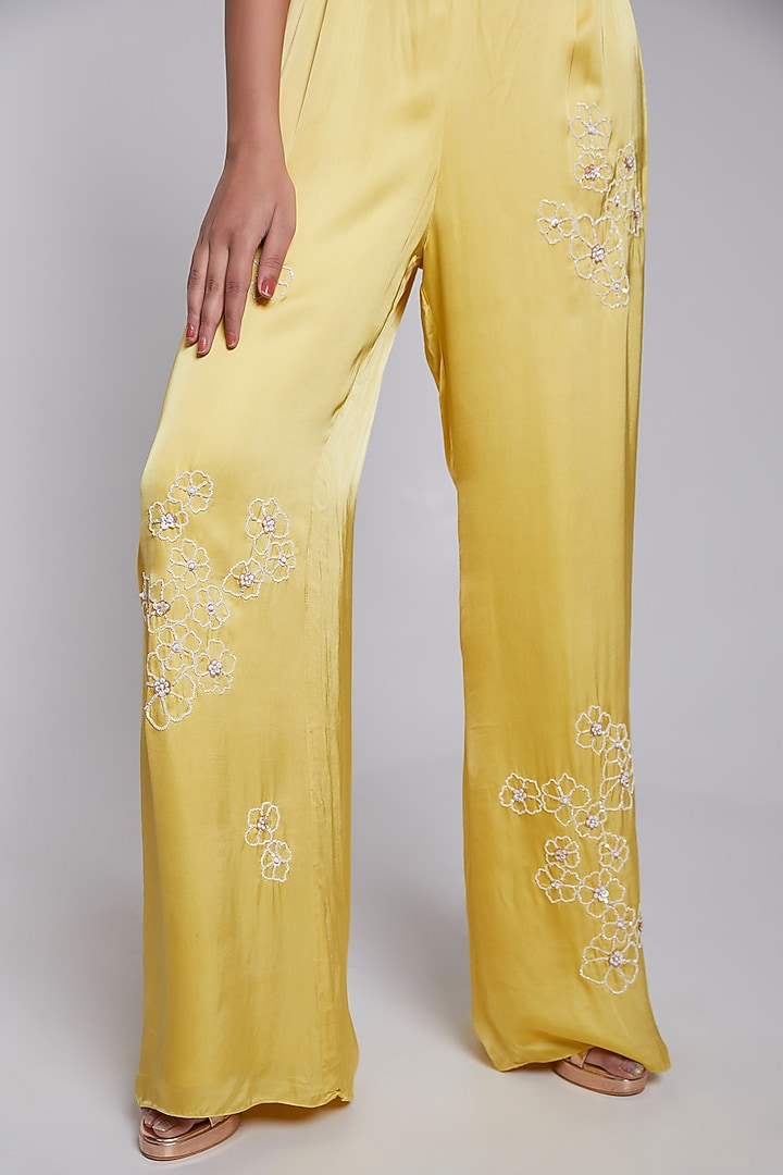 Yellow Hand Embroidered One-Shoulder Jumpsuit by Rajkumari and Suresh at Pernia's Pop Up Shop