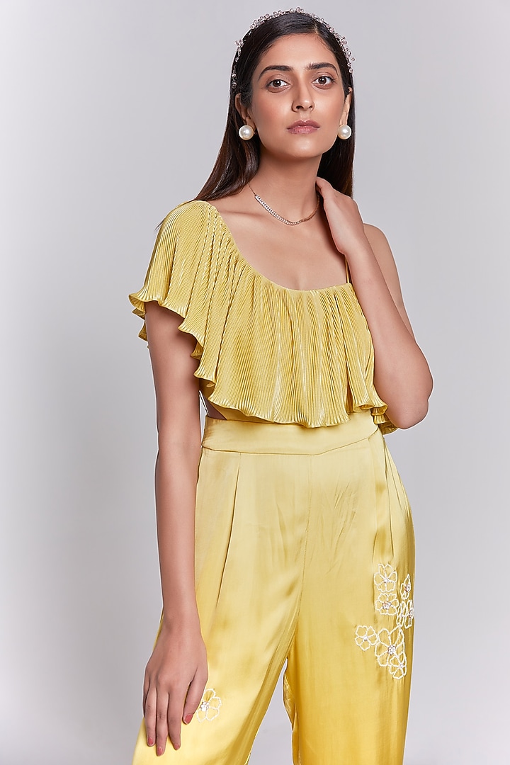 Yellow Hand Embroidered One-Shoulder Jumpsuit by Rajkumari and Suresh at Pernia's Pop Up Shop