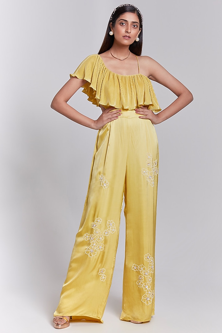 Yellow Hand Embroidered One-Shoulder Jumpsuit by Rajkumari and Suresh at Pernia's Pop Up Shop