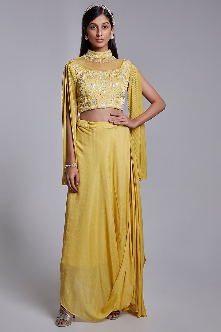 Yellow Draped Skirt Set by Rajkumari and Suresh