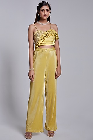 Yellow Crepe & Crush Satin Silk Pant Set by Rajkumari and Suresh